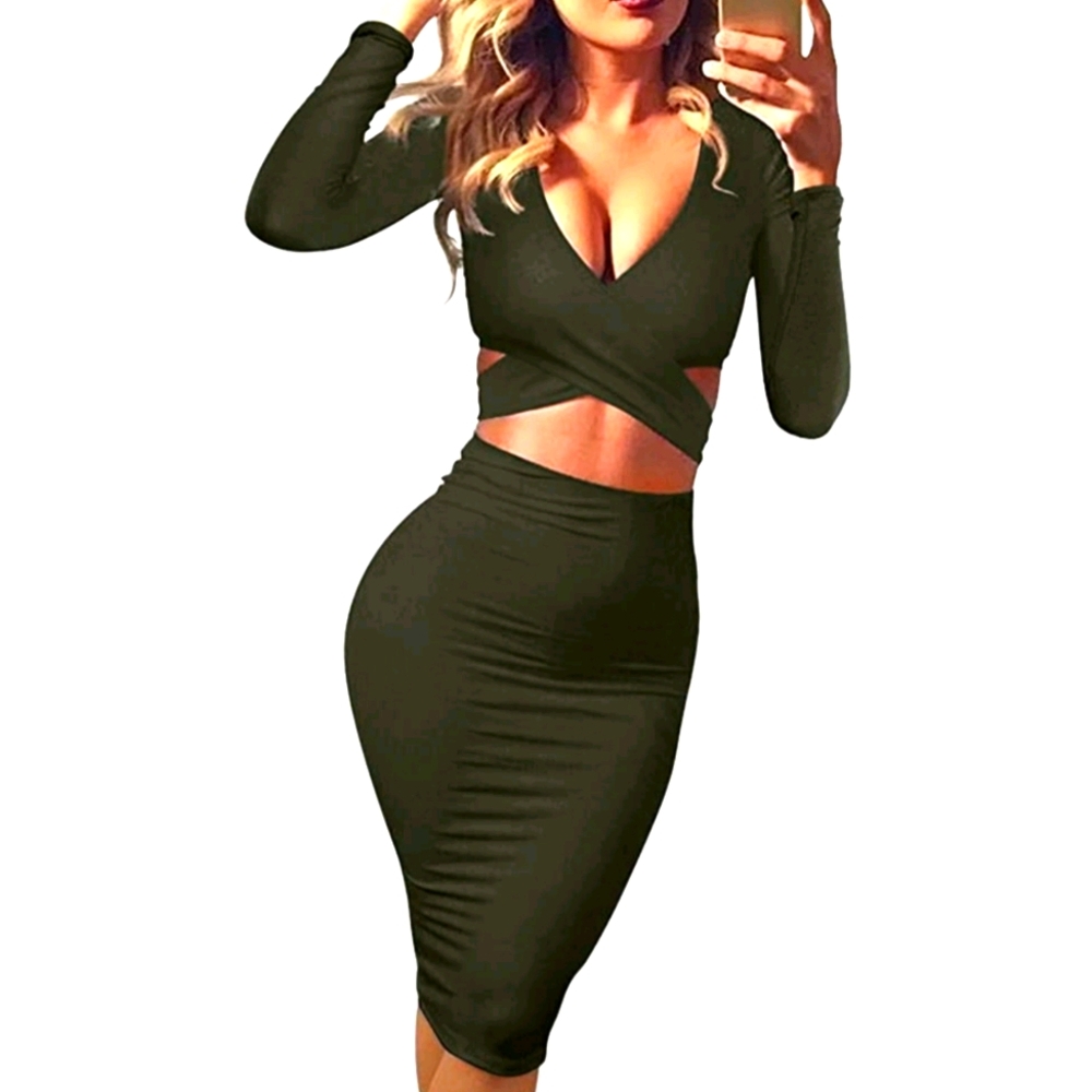 Sexy Long Sleeve Cross Wrap Cut Out Bodycon Midi
